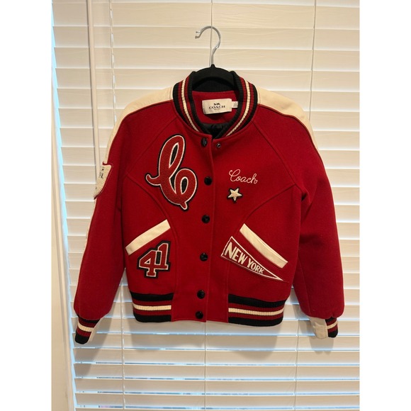 Coach Jackets & Blazers - Coach New York Womens Red Wool Goat Leather Varsity Letterman Jacket F20496 S